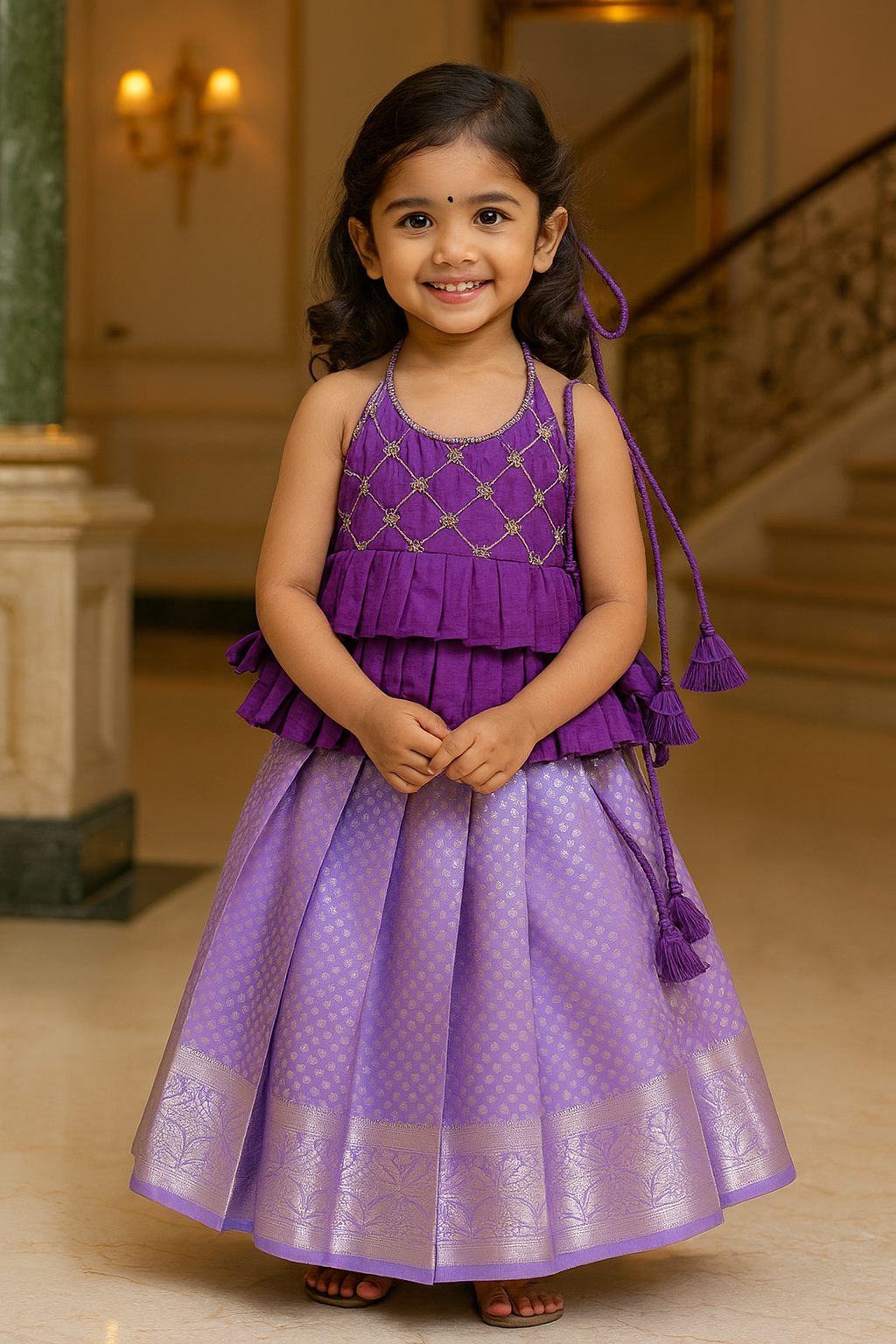 Royal Purple & Lavender Double Frill Pattu Pavadai | CPM_0116