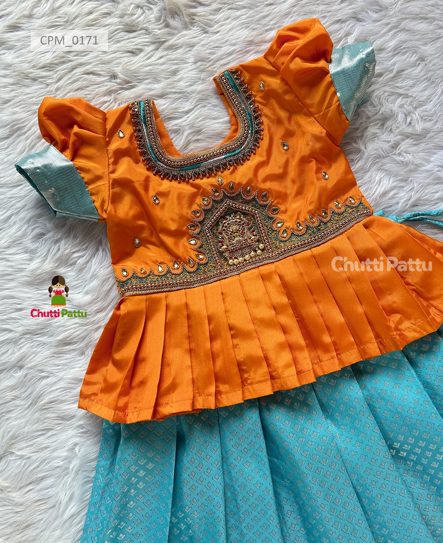 Orange & Sky Blue Lakshmi Pendant Aari work Kanchi Soft Silk Pattu Pavadai | CPM_0171