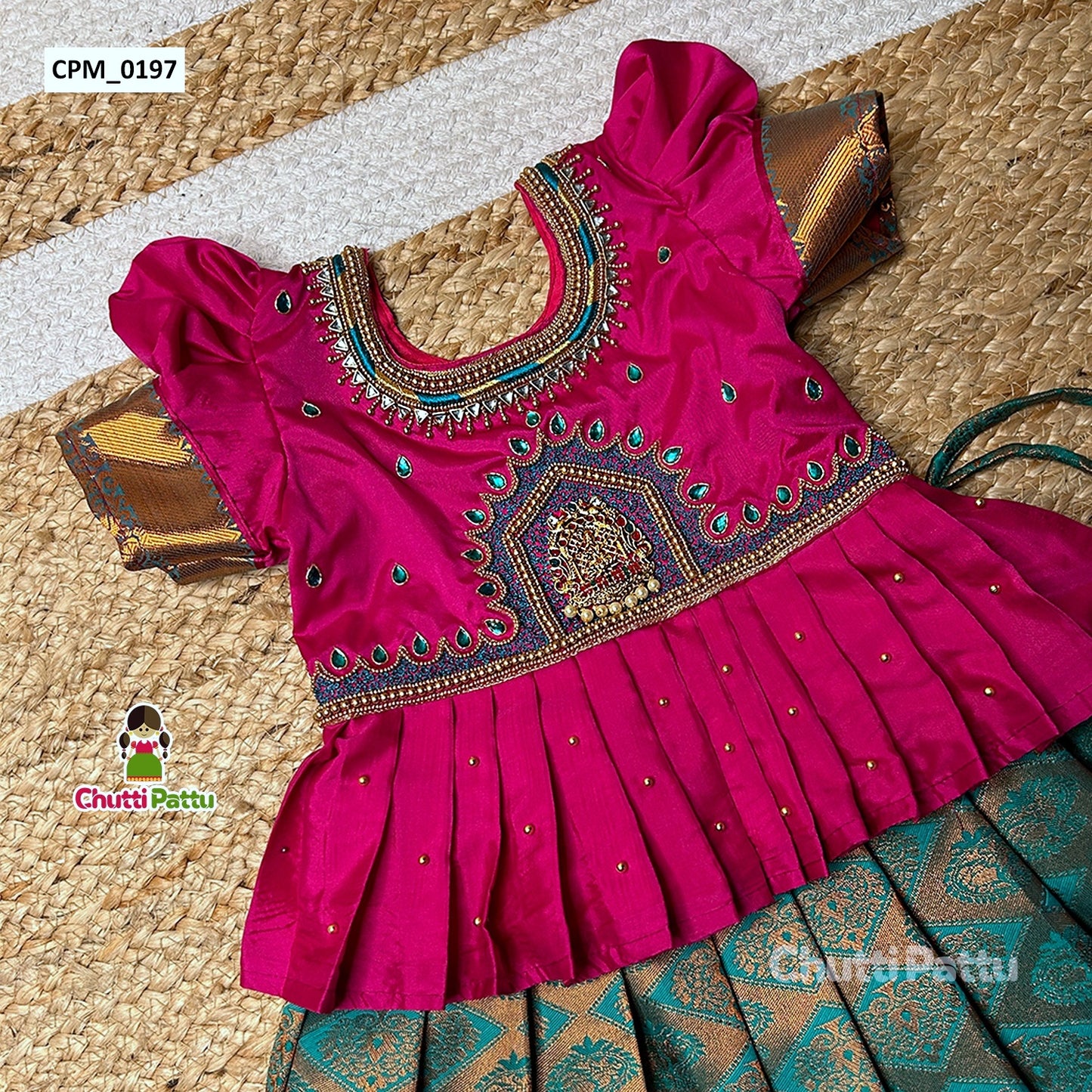 Pink & Light Teal Lakshmi Pendant Aari Pattu Pavadai | CPM_0197