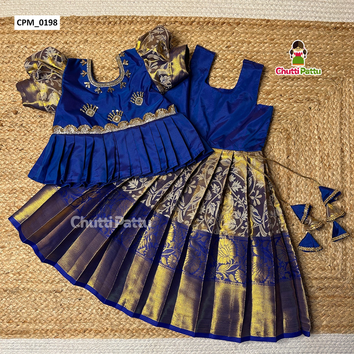 Luxurious Blue Tissue Silk Top with Aari Work Kanchi Silk Skirt | CPM_0198