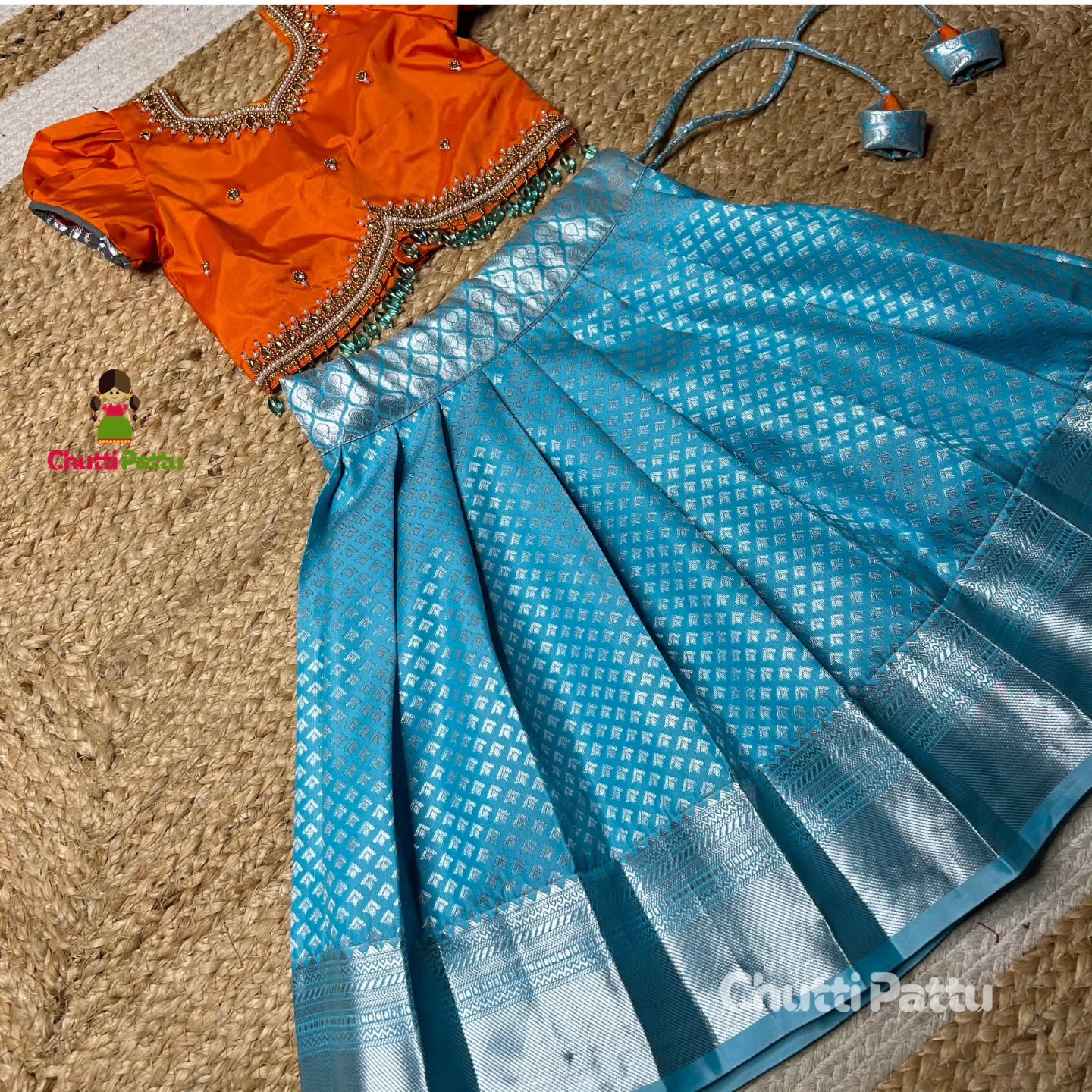 Thenmozhi - Orange & Sky Blue Kanchi Soft Silk Aari Pattu Pavadai | CPM_0254