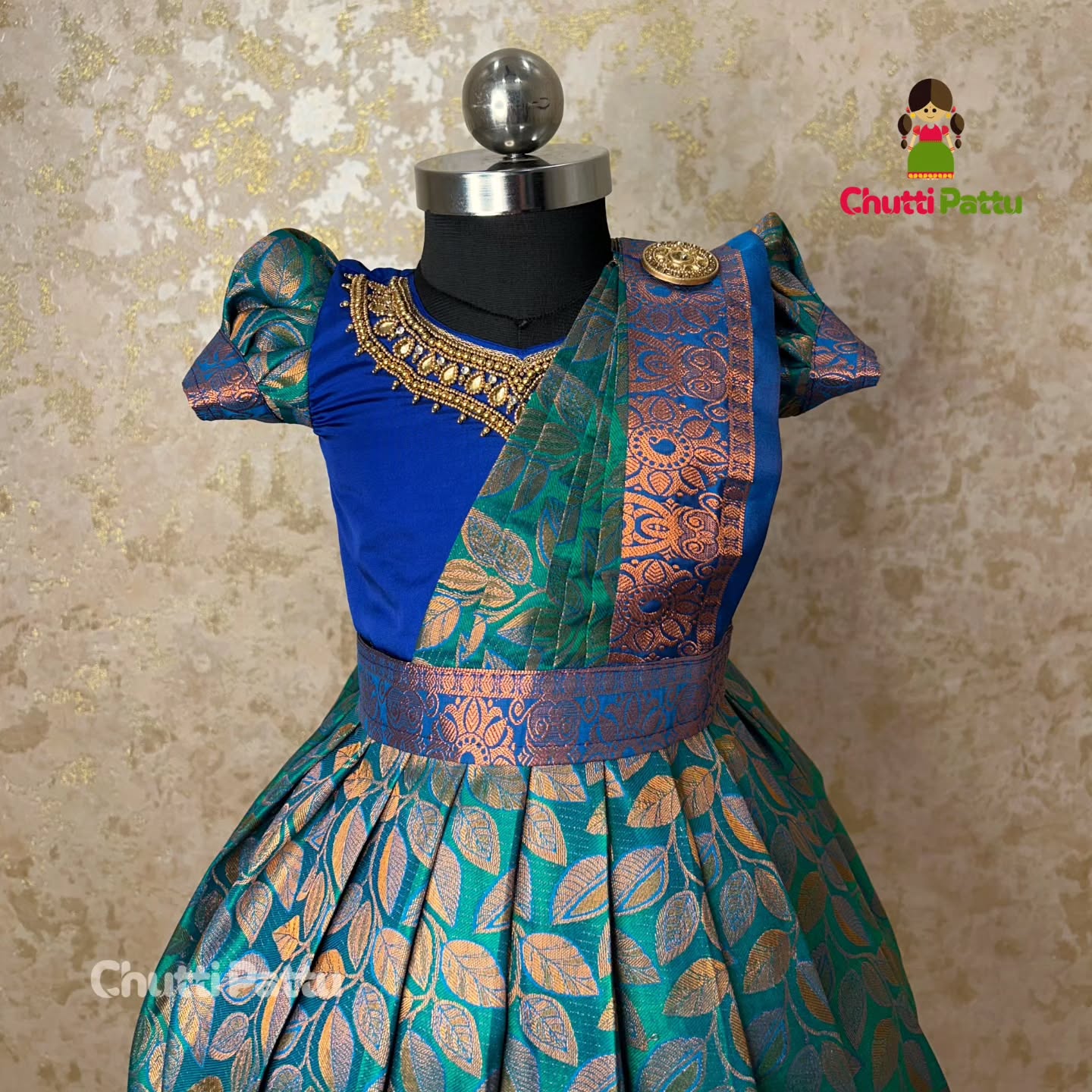 Vennila β Peacock Green & Blue Aari Work Pattu Gown | CPM_0287