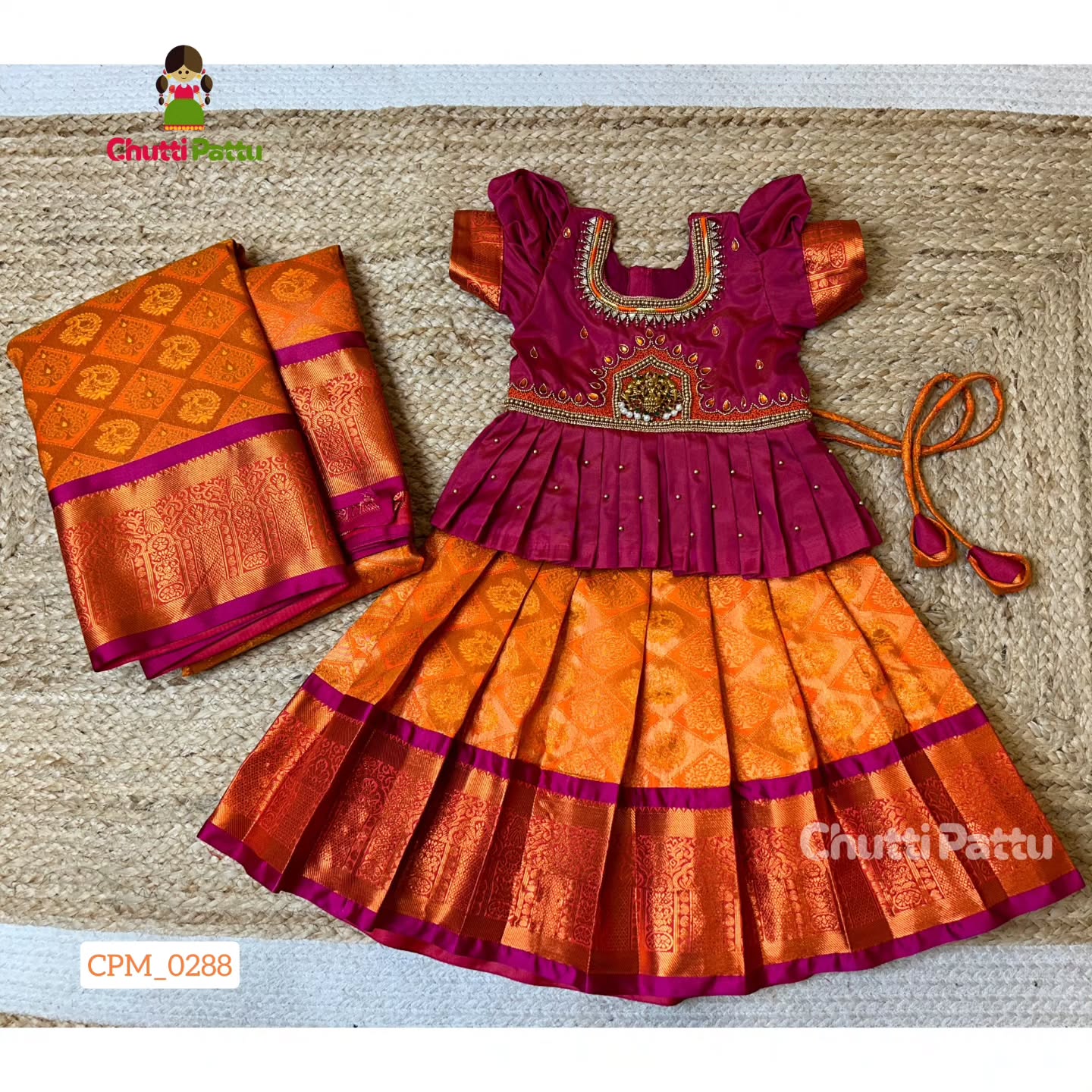 Orange & Pink Lakshmi Pendant Aari Pattu Pavadai | CPM_0288