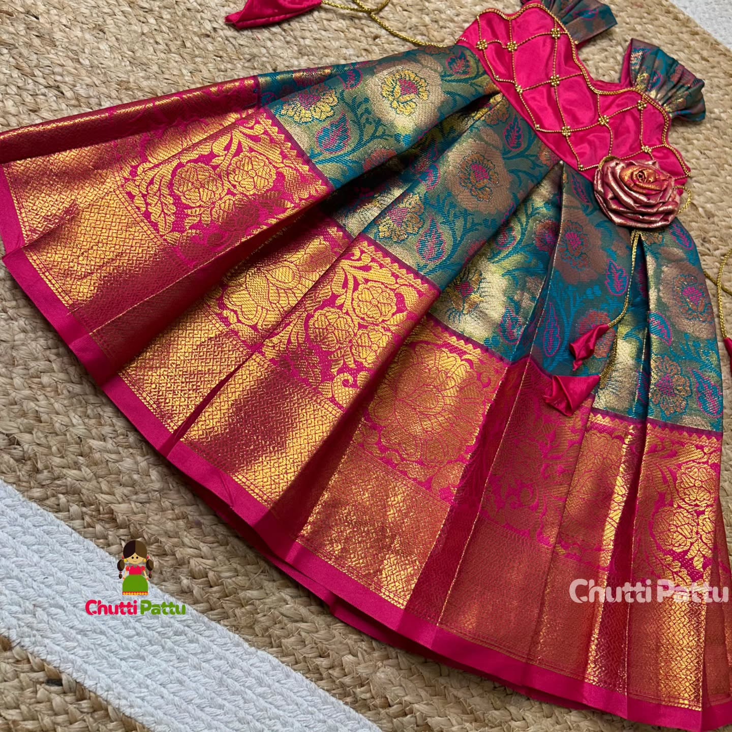 Pink & Ramar Blue Pure Kanchi Silk Frock | CPM_0306