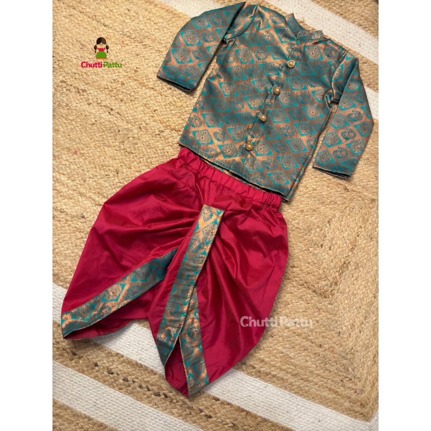 Light Teal Green & Pink Kanchi Soft Silk Kurta & Dhoti Set | CPM_0321B