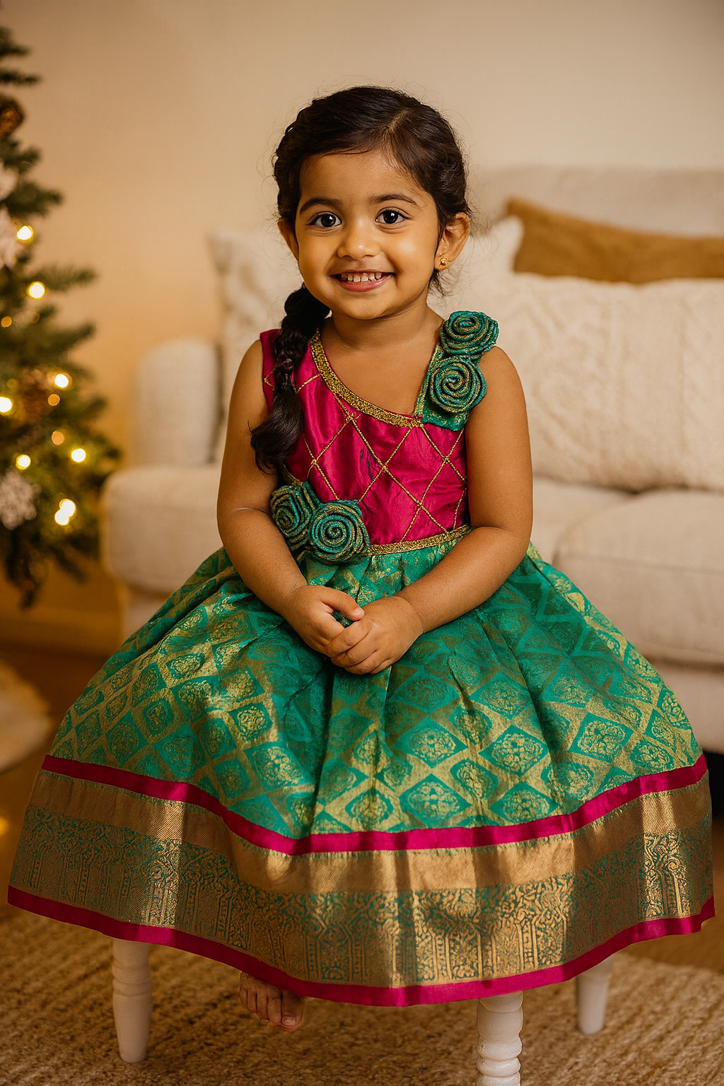 Light Teal & Magenta Crisscross Pure Kanchi Silk Rose Frock | CPM_0321