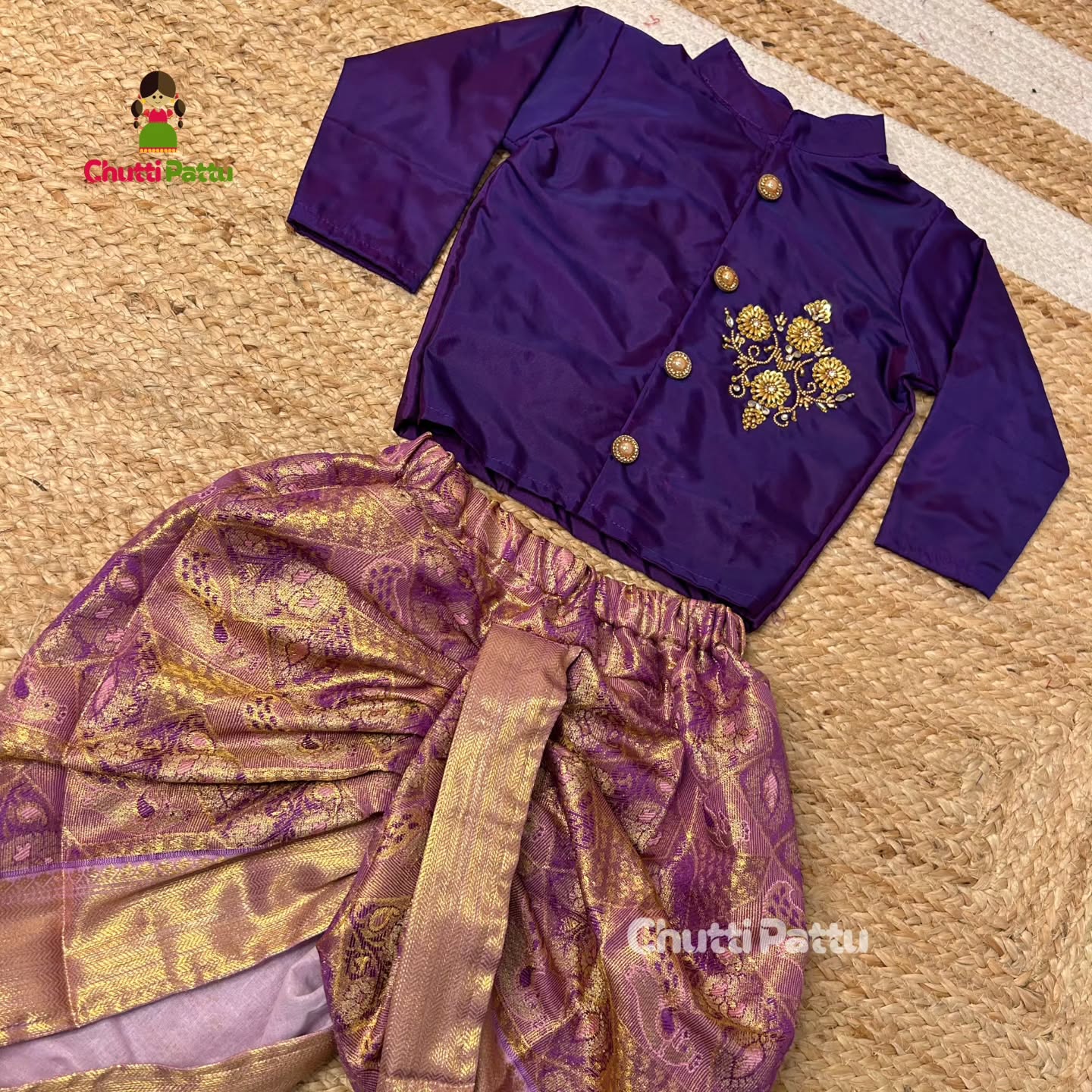 Lavender & Purple Semi Kanchi Silk Aari Kurta - Dhoti Set for Boy Babies | CPM_0323B