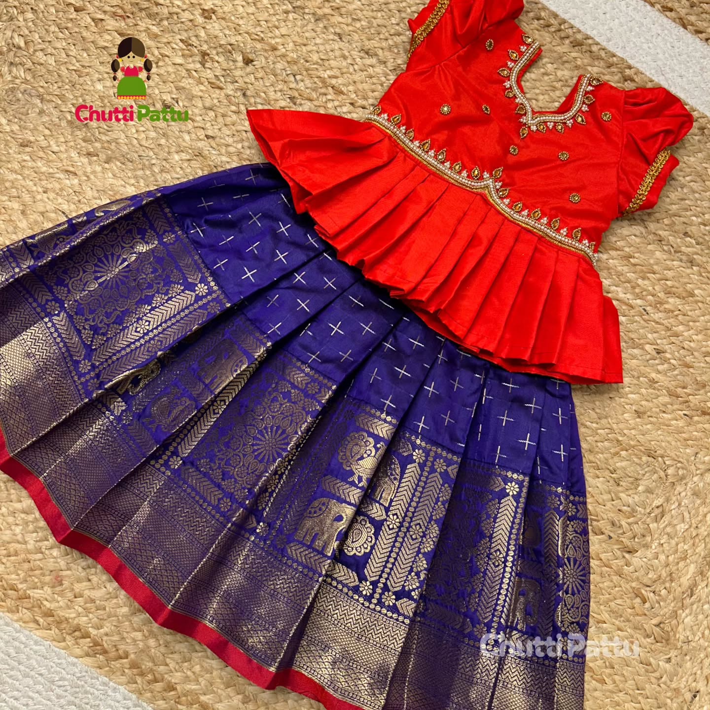 Red & Dark Blue Premium Peplum Aari Pattu Pavadai | CPM_0324