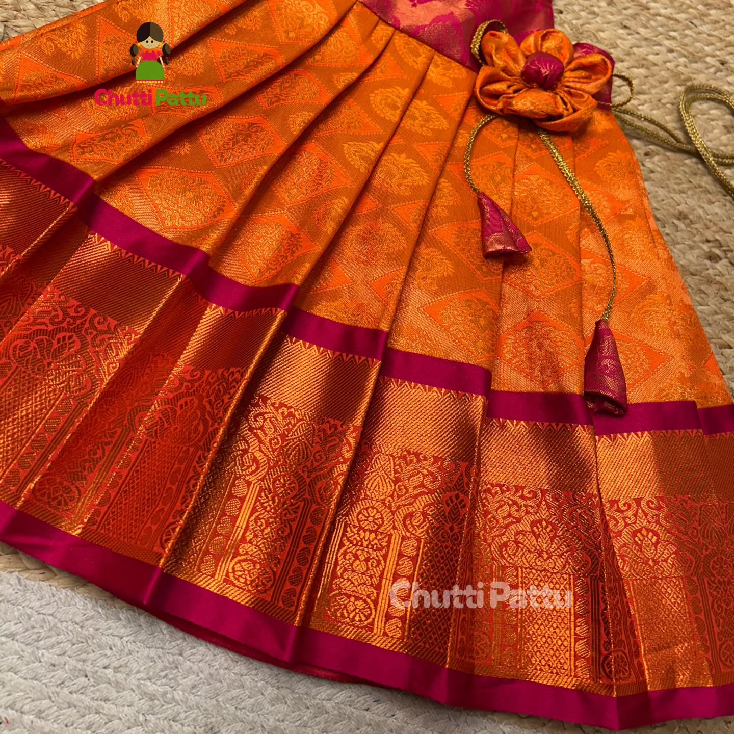 Orange & Pink Pure Kanchi Silk Tie-Up Frock | CPM_0334