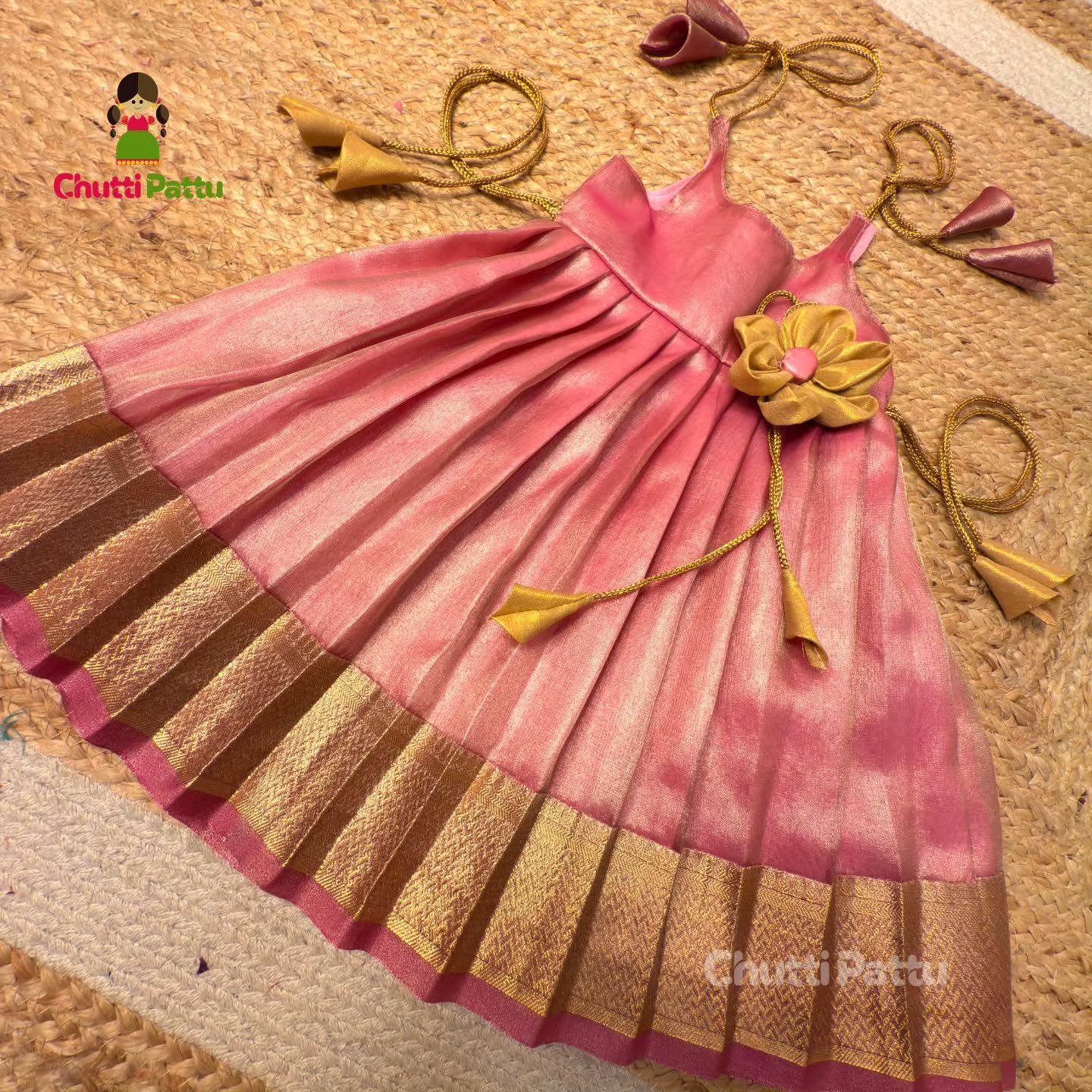 Pretty Pink Metallic Tissue Silk Tie-Up Frock | CPM_0348