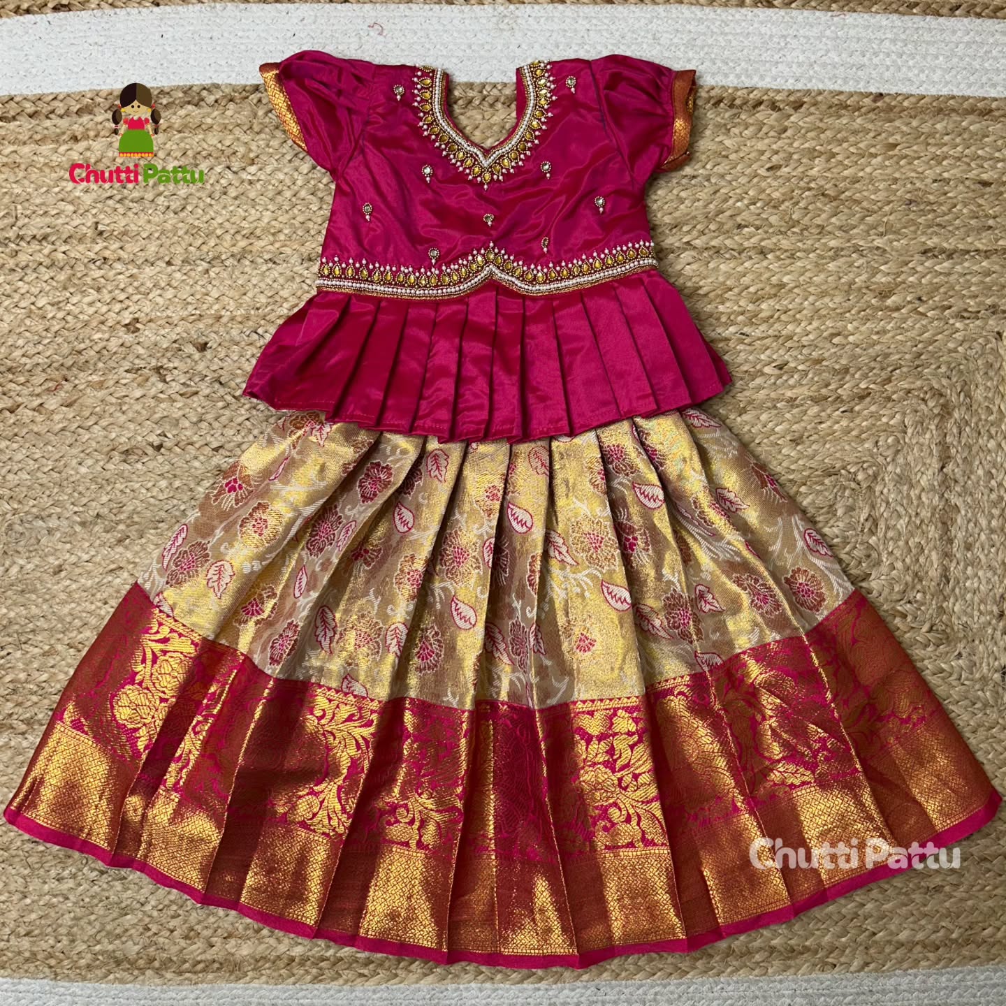 Cream & Pink Premium Peplum Aari Pattu Pavadai | CPM_0351