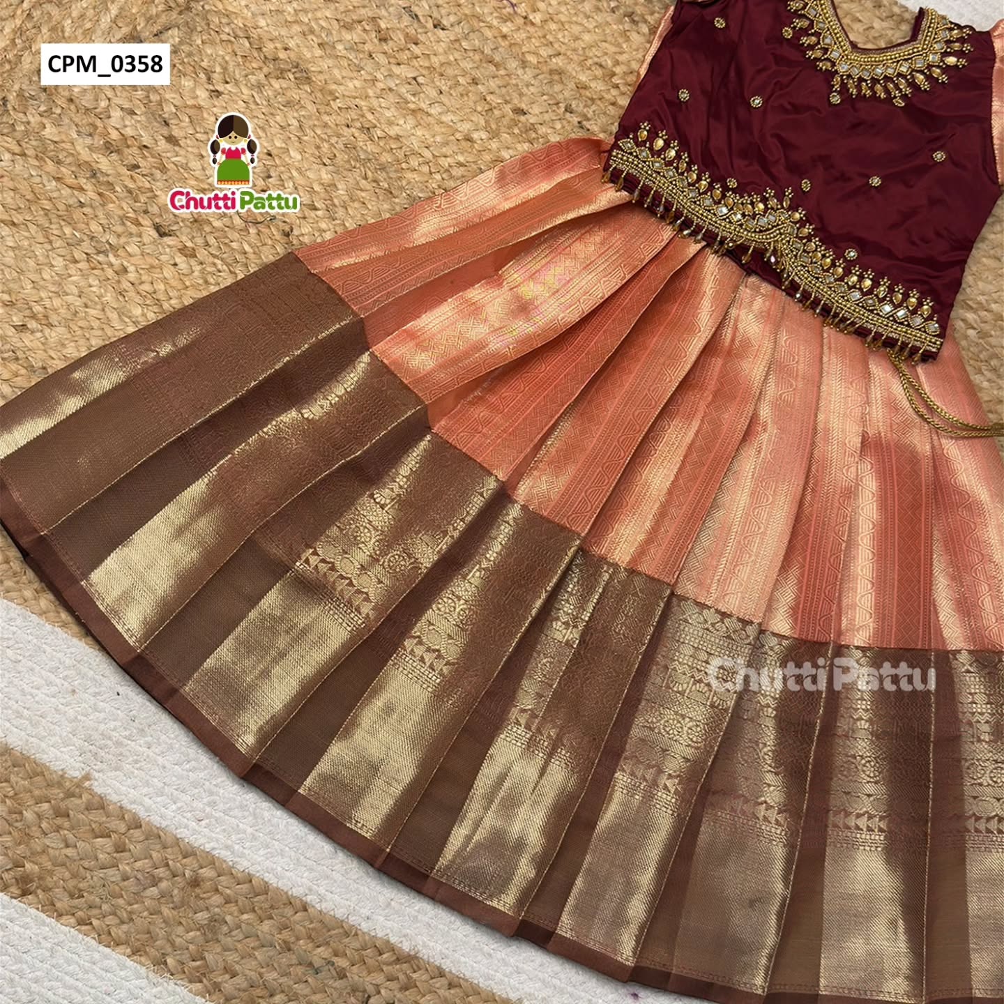 Premium Peach & Brown Aari Work Pattu Pavadai | CPM_0358