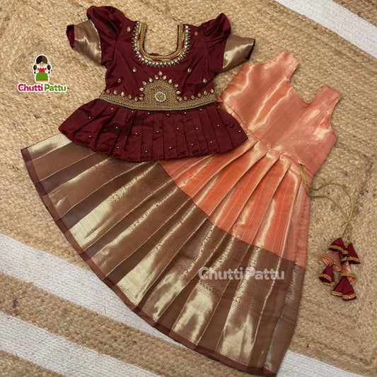 Peach and Brown Aari Pattu Pavadai (Without Pendant) | CPM_0359