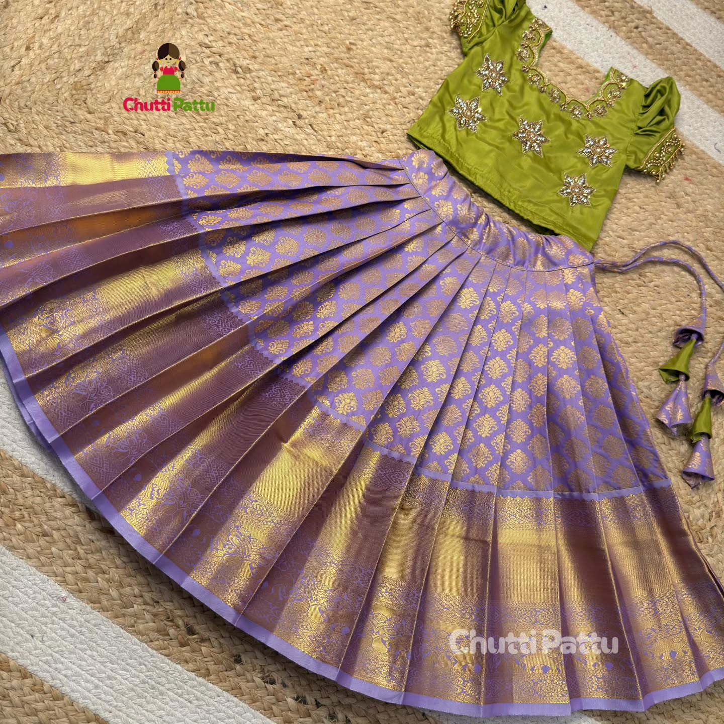 Pear Green & Lavender Premium Aari Work Pattu Pavadai (With Dupatta) | CPM_0368