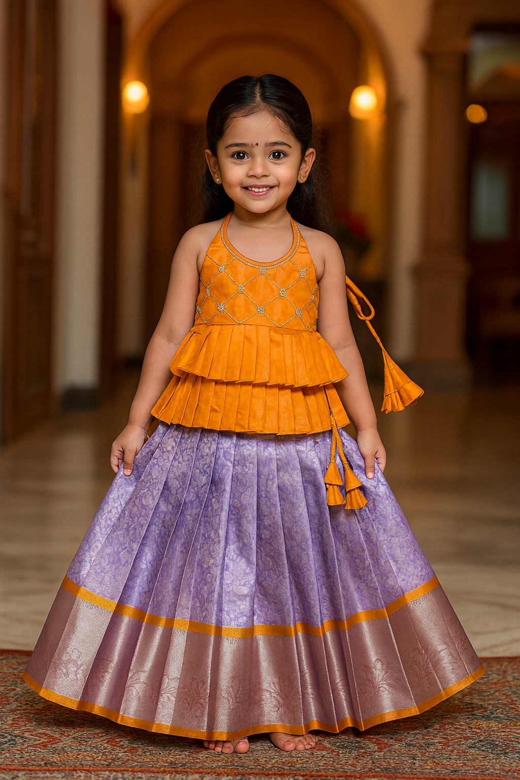 Light Orange & Lavender Kanchi Silk Halter Neck Frock | CPM_0373