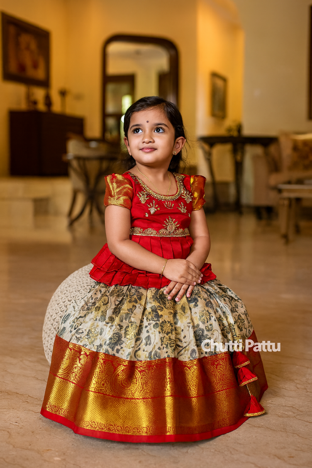 Off-White & Red Double Layer Peplum Pattu Pavadai | CPM_0382