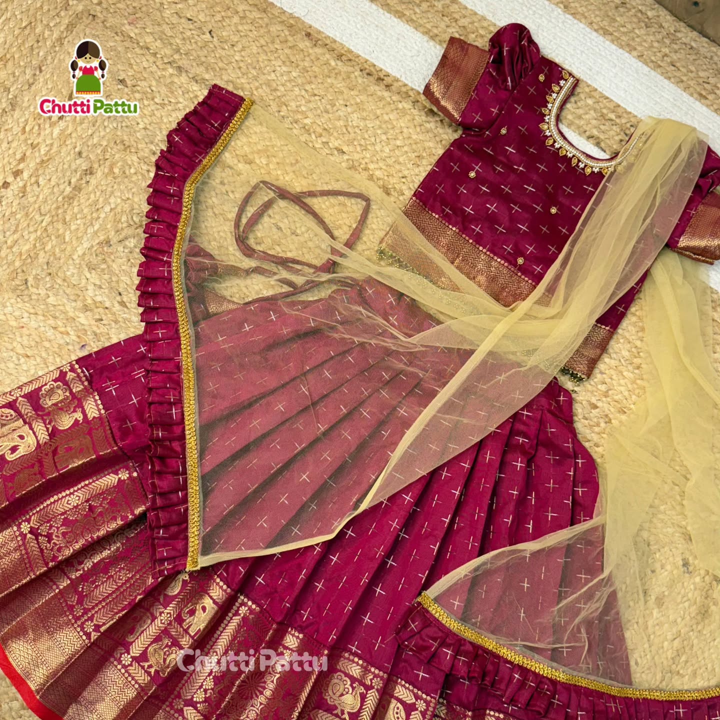 Dark Magenta Semi Kanchi Neck aari work Pattu Pavadai with Net Dupatta | CPM_0408