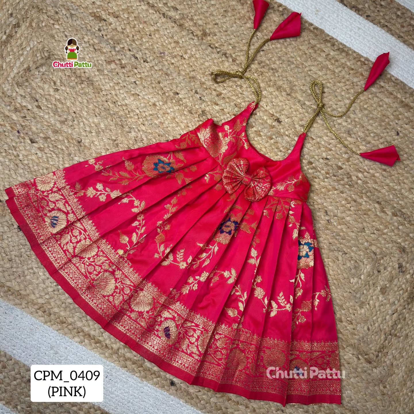 Pink Banarasi Silk Tie-Up Frock | CPM_0409_PNK