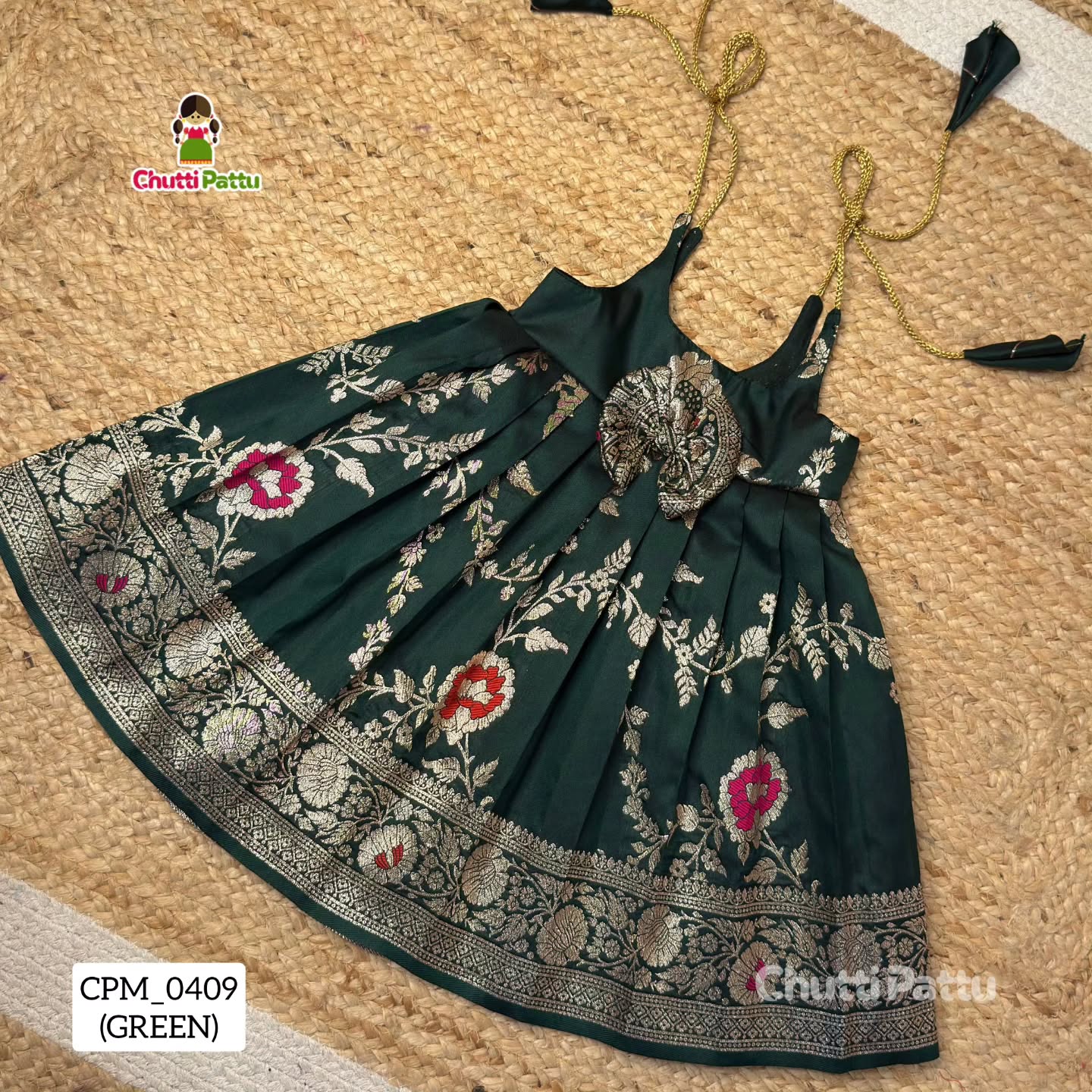 Green Banarasi Silk Tie-Up Frock | CPM_0409_GRN