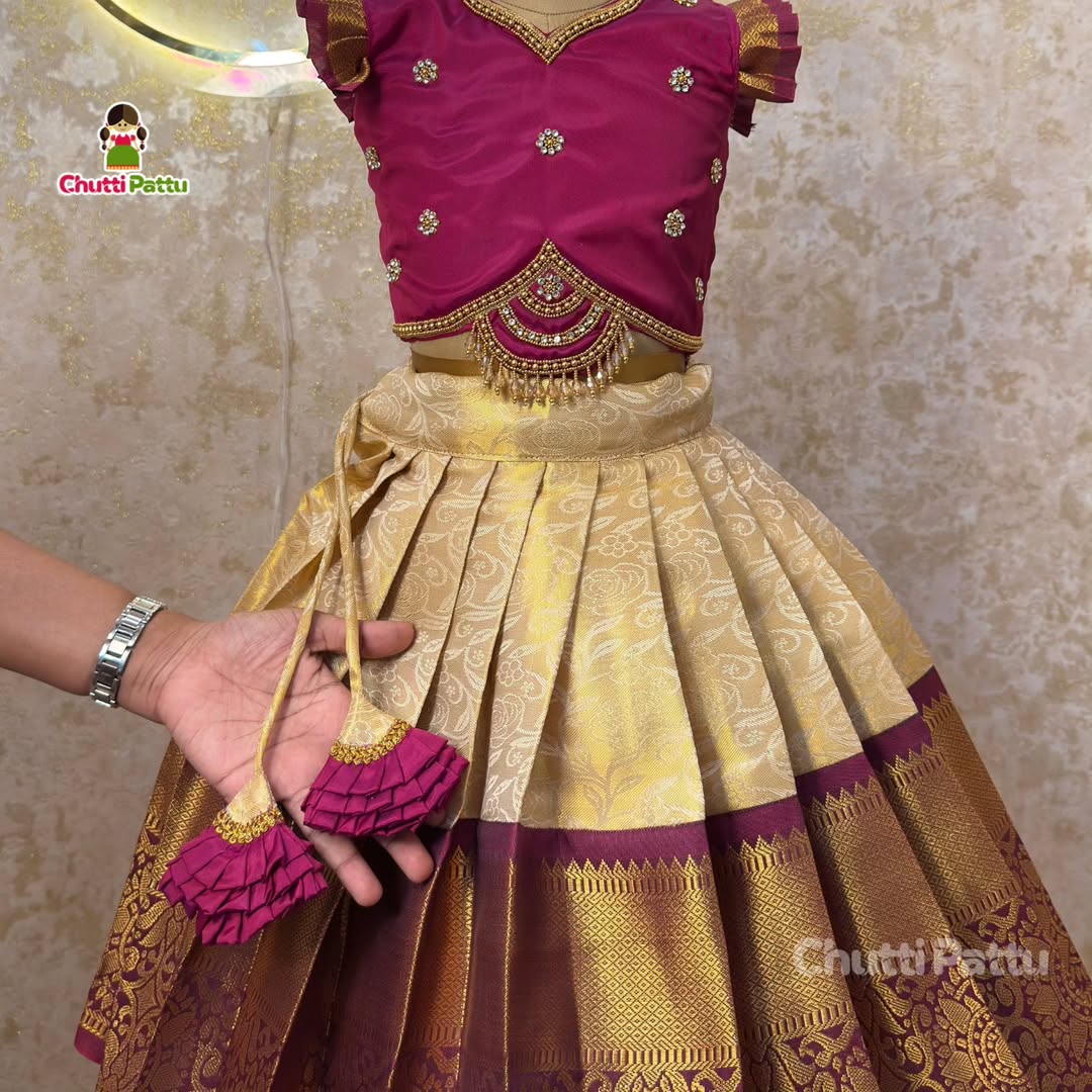 Kuzhali – White & Purple Pure Kanchi Half Saree with Aari Work (Without Hip Belt & Dupatta) | CPM_0418A