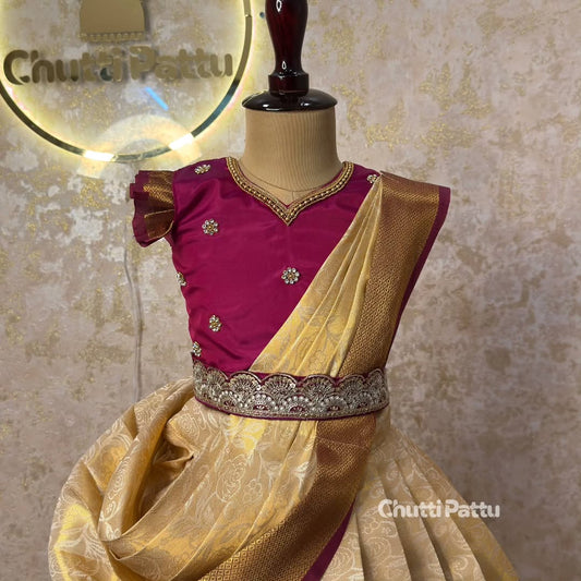 Kuzhali – White & Purle Pure Kanjeevaram Half Saree with Aari Work (With Hip Belt & Dupatta) | CPM_0418B