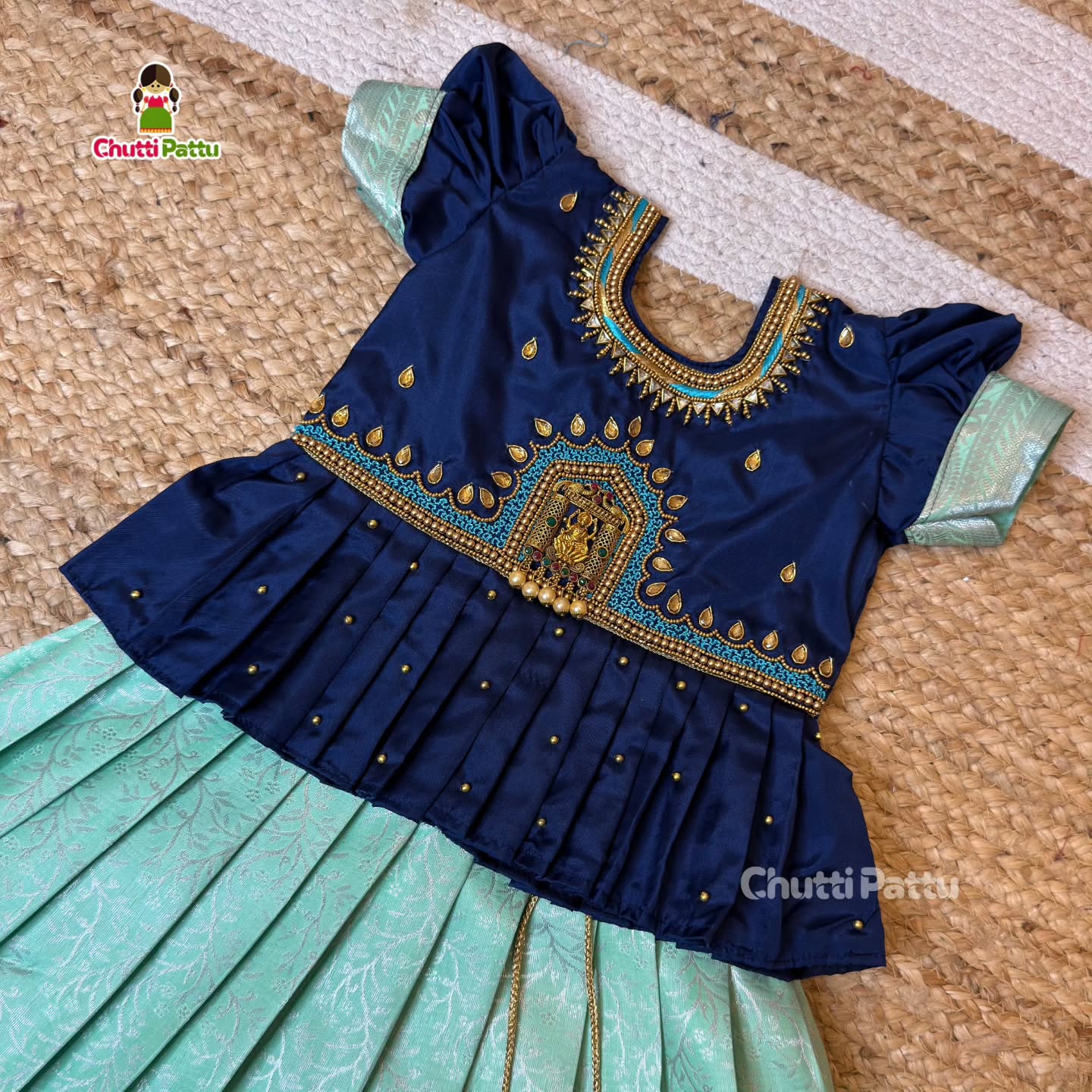 Navy & Aqua β Lakshmi Devi Pendant Aari Pattu Pavadai | CPM_0433