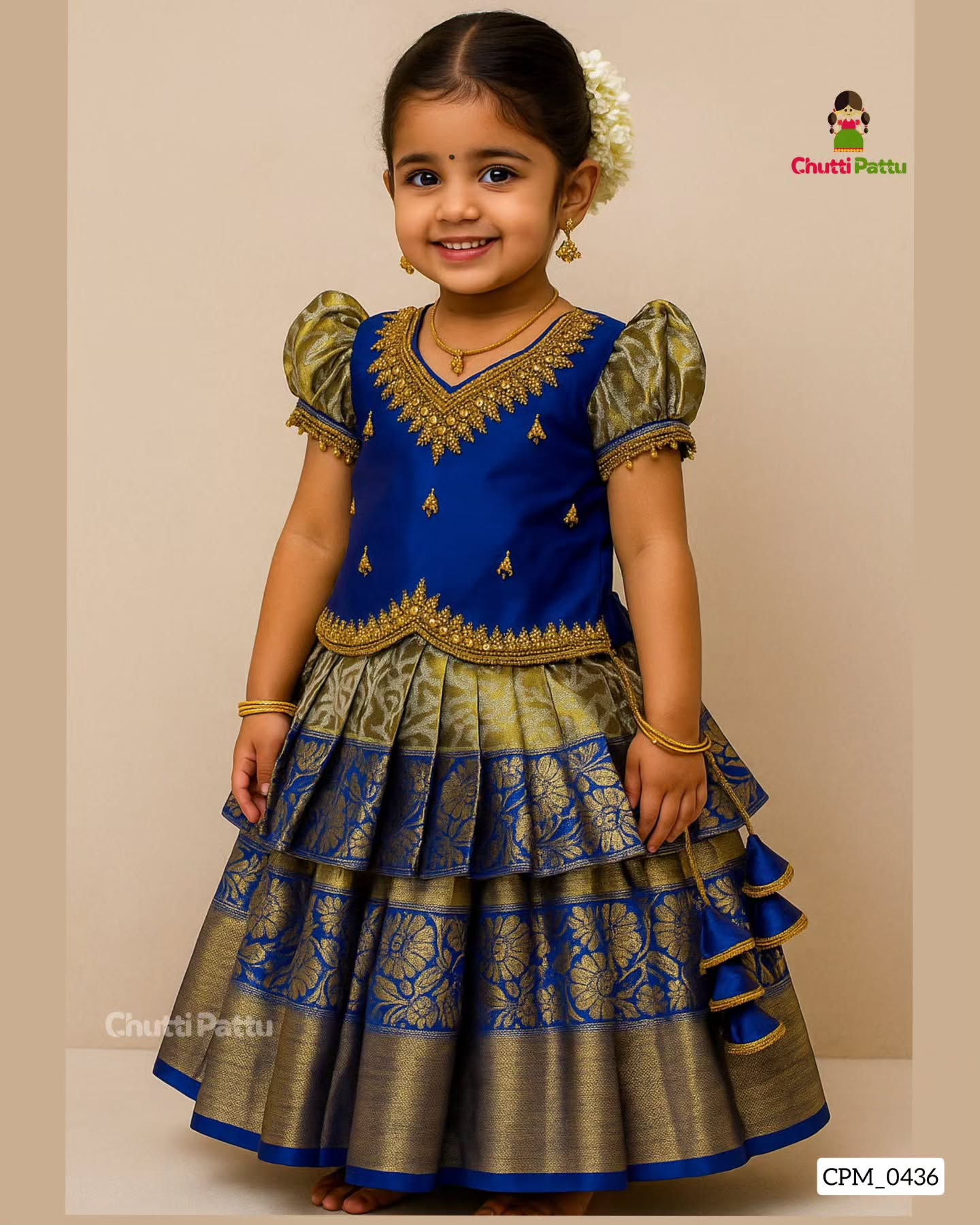 Royal Blue Aari Work Double-Layered Pattu Pavadai | CPM_0436