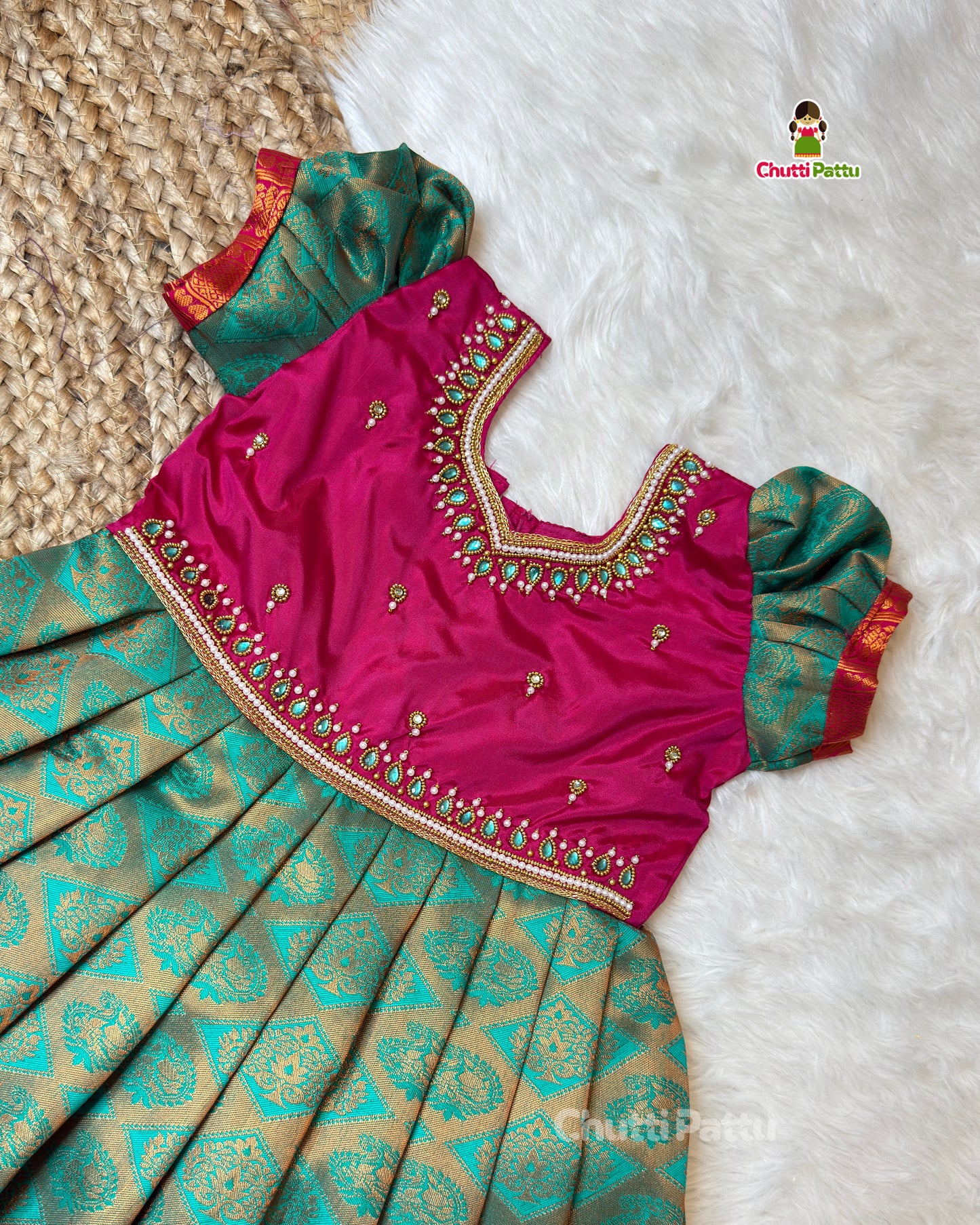 Light Teal Green & Magenta Aari Half Saree Style Gown | CPM_0440