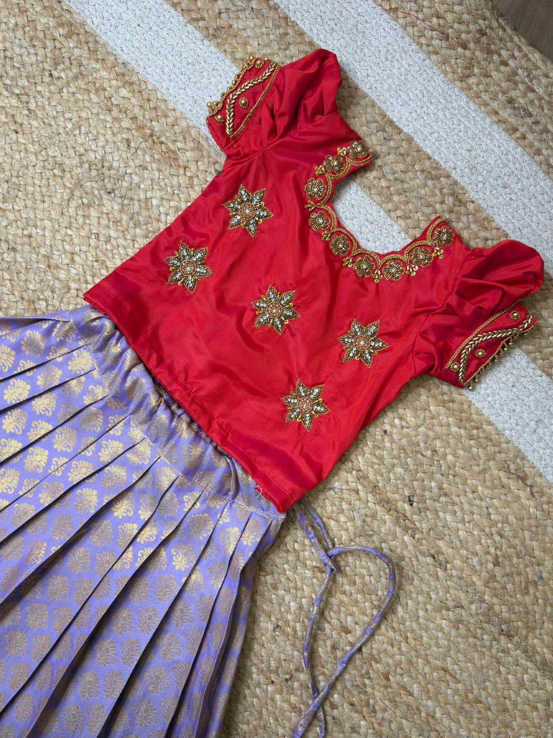 Red & Lavender Aari Work Pattu Pavadai Set | CPM_0442