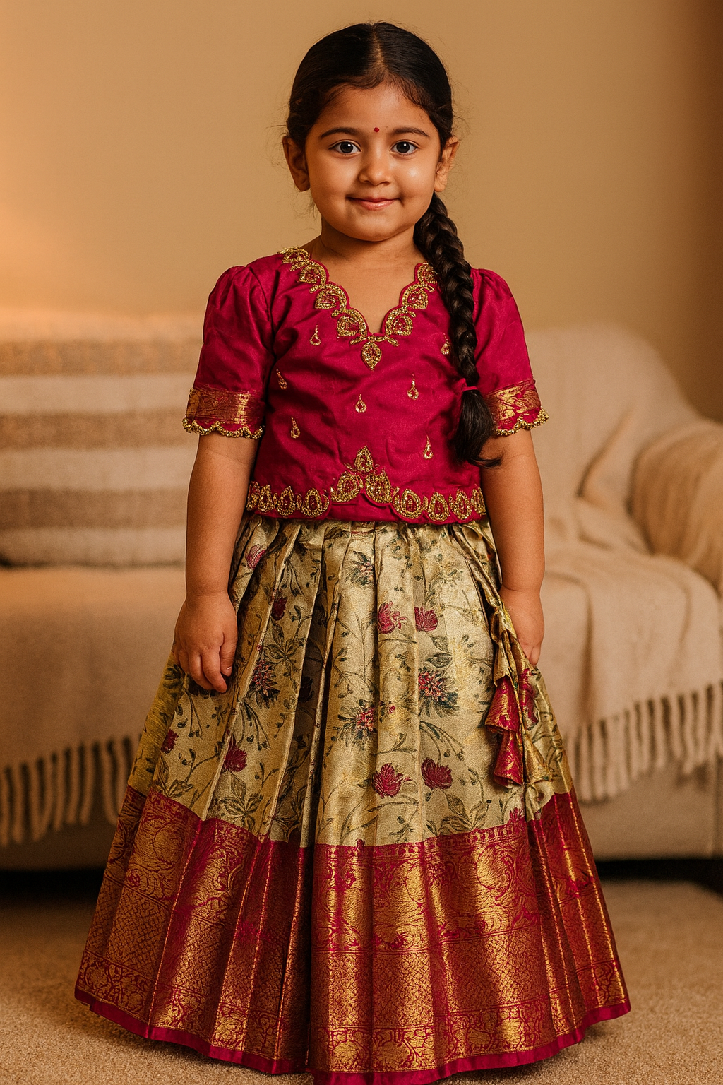 Blushing Mango - Pink Kanchi Tissue Aari Half Saree | CPM_0450