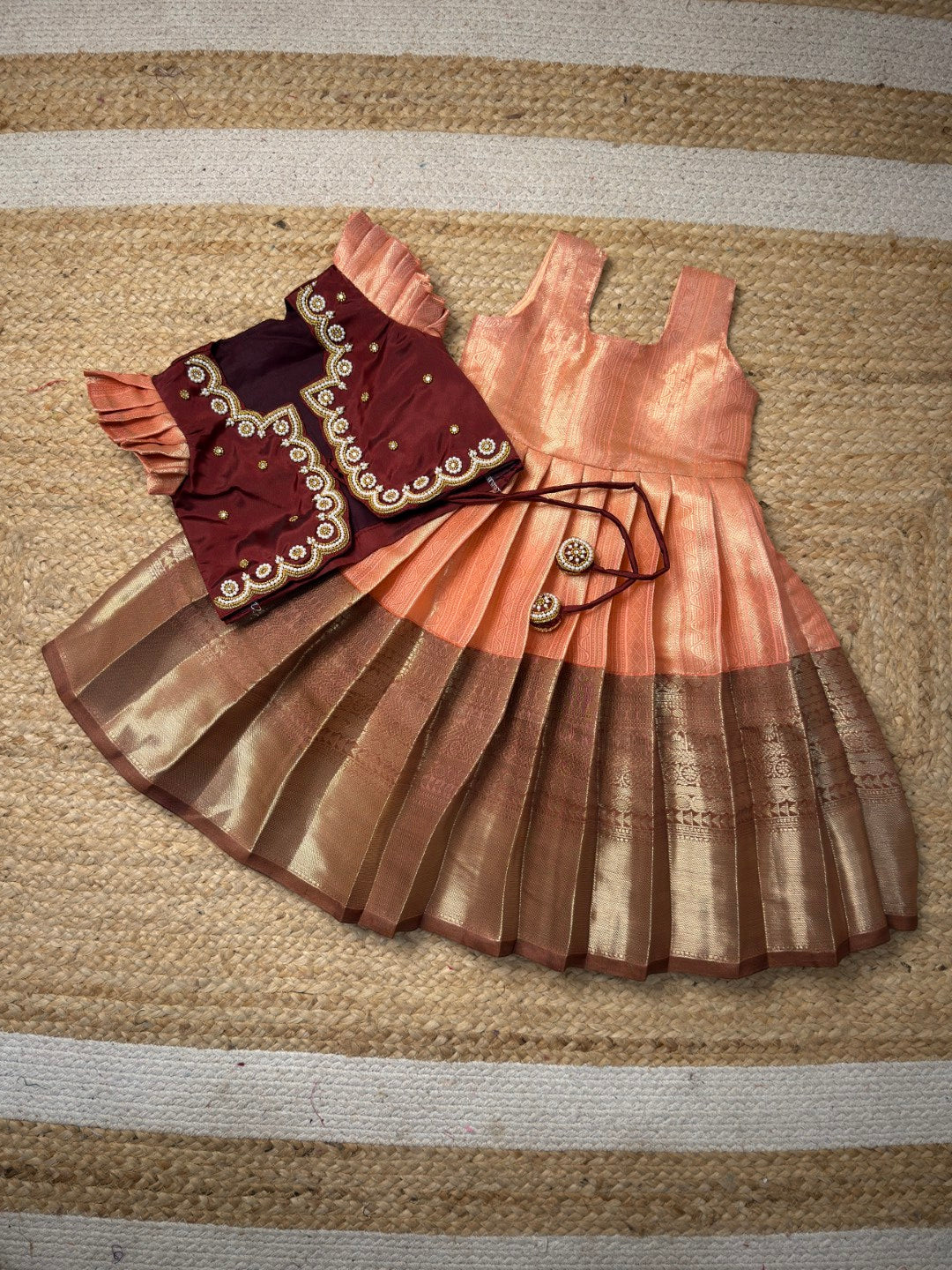 Peach & Brown Semi Kanchi Silk Aari Work Overcoat Set | CPM_0453