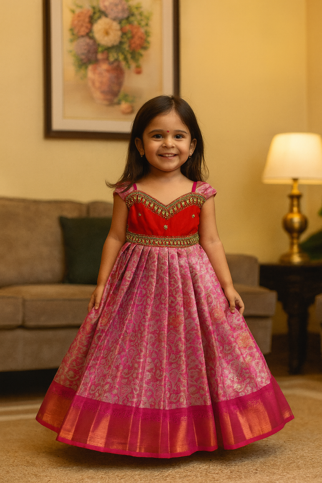 Red & Pink Pure Kanchi Silk Aari Pattu Frock | CPM_0464