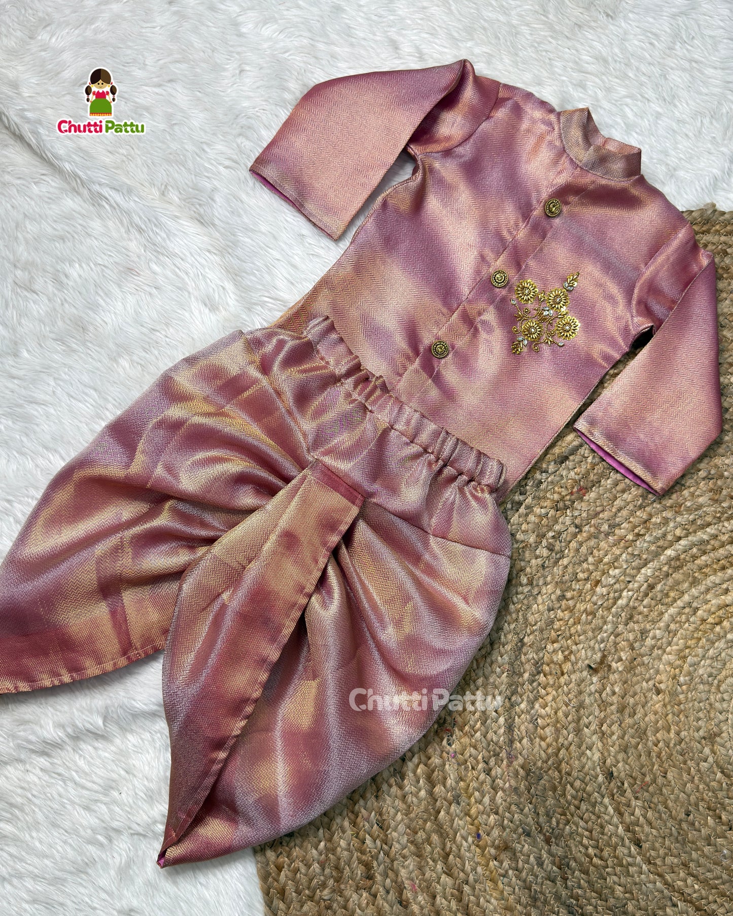 Jyothika Inspired Saree - Pink Tissue Silk Aari Kurta & Dhoti Set | CPM_0501B