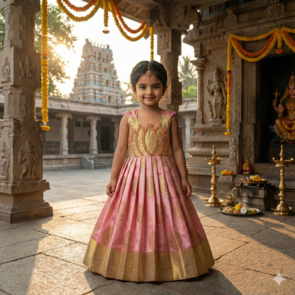 Aradhya Banarasi Soft Silk Pastel Gold & Pink Lotus Aari Work Gown | CPM_0507