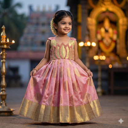 Aradhya Banarasi Soft Silk Pastel Gold & Pink Lotus Aari Work Gown | CPM_0507