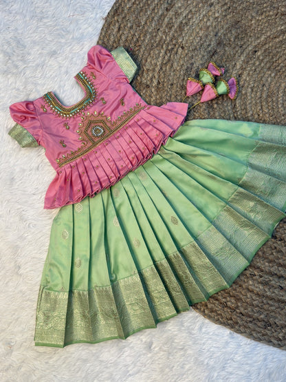 Pink & Pastel Green Banarasi Silk Temple Design Aari Work Pattu Pavadai | CPM0609