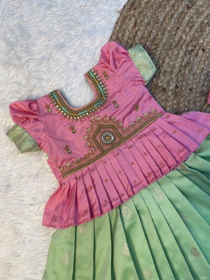 Pink & Pastel Green Banarasi Silk Temple Design Aari Work Pattu Pavadai | CPM0609