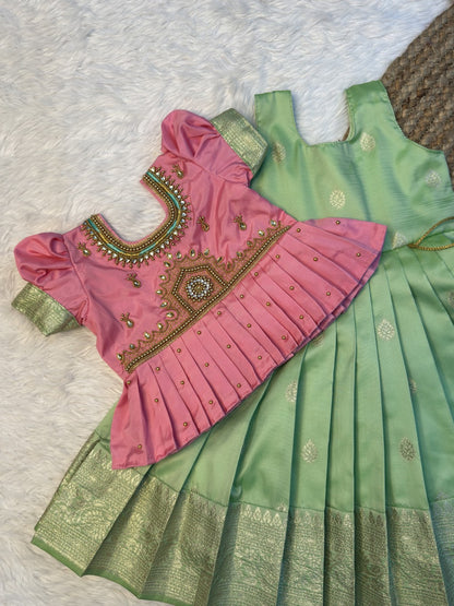 Pink & Pastel Green Banarasi Silk Temple Design Aari Work Pattu Pavadai | CPM0609