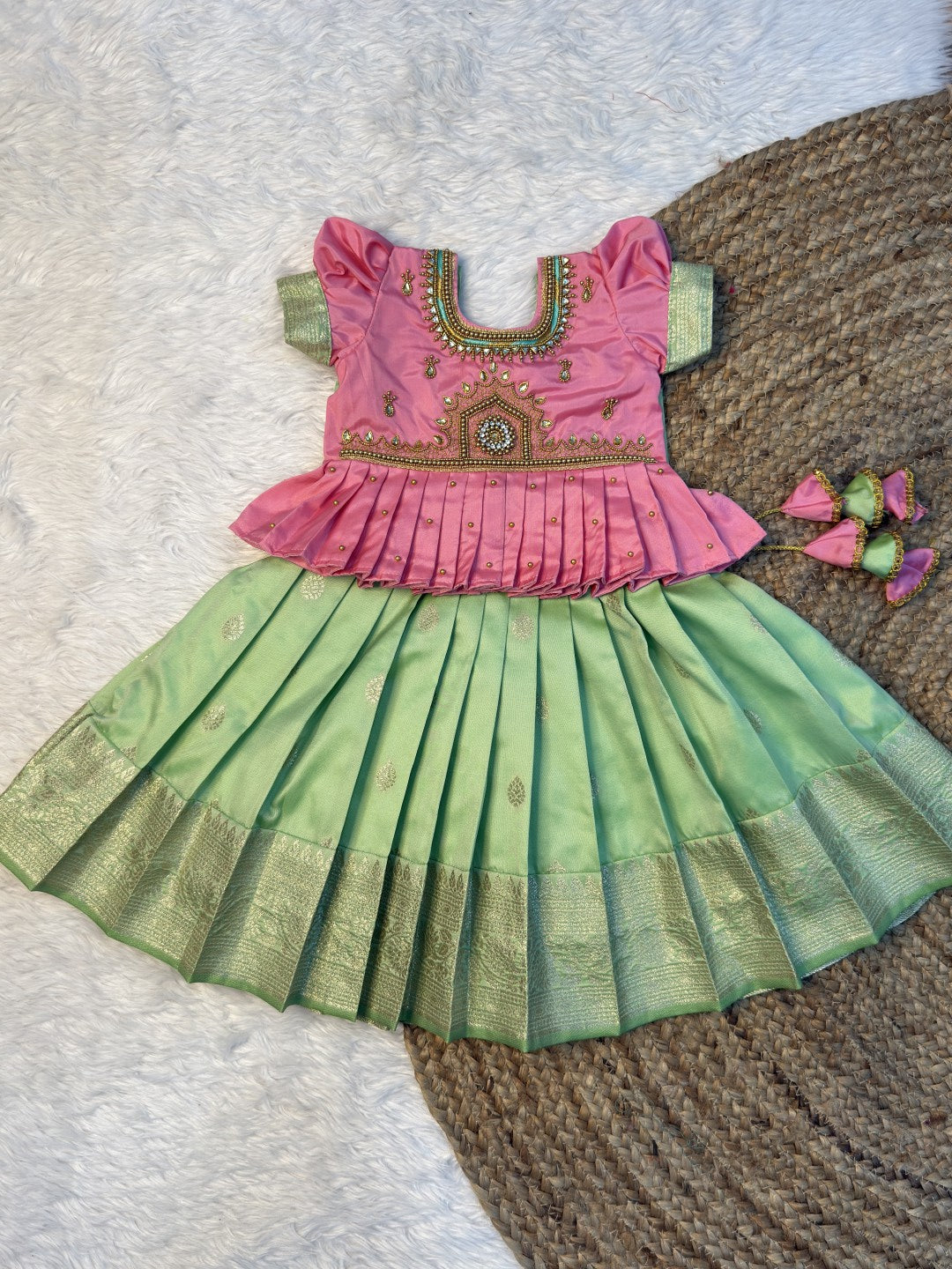 Pink & Pastel Green Banarasi Silk Temple Design Aari Work Pattu Pavadai | CPM0609