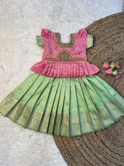 Pink & Pastel Green Banarasi Silk Temple Design Aari Work Pattu Pavadai | CPM0609