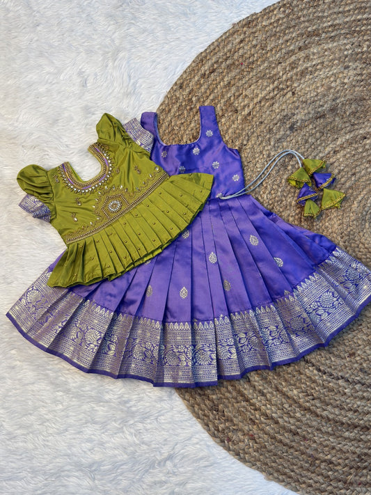Green & Lavender Banarasi Silk Temple Design Aari Work Pattu Pavadai | CPM0610