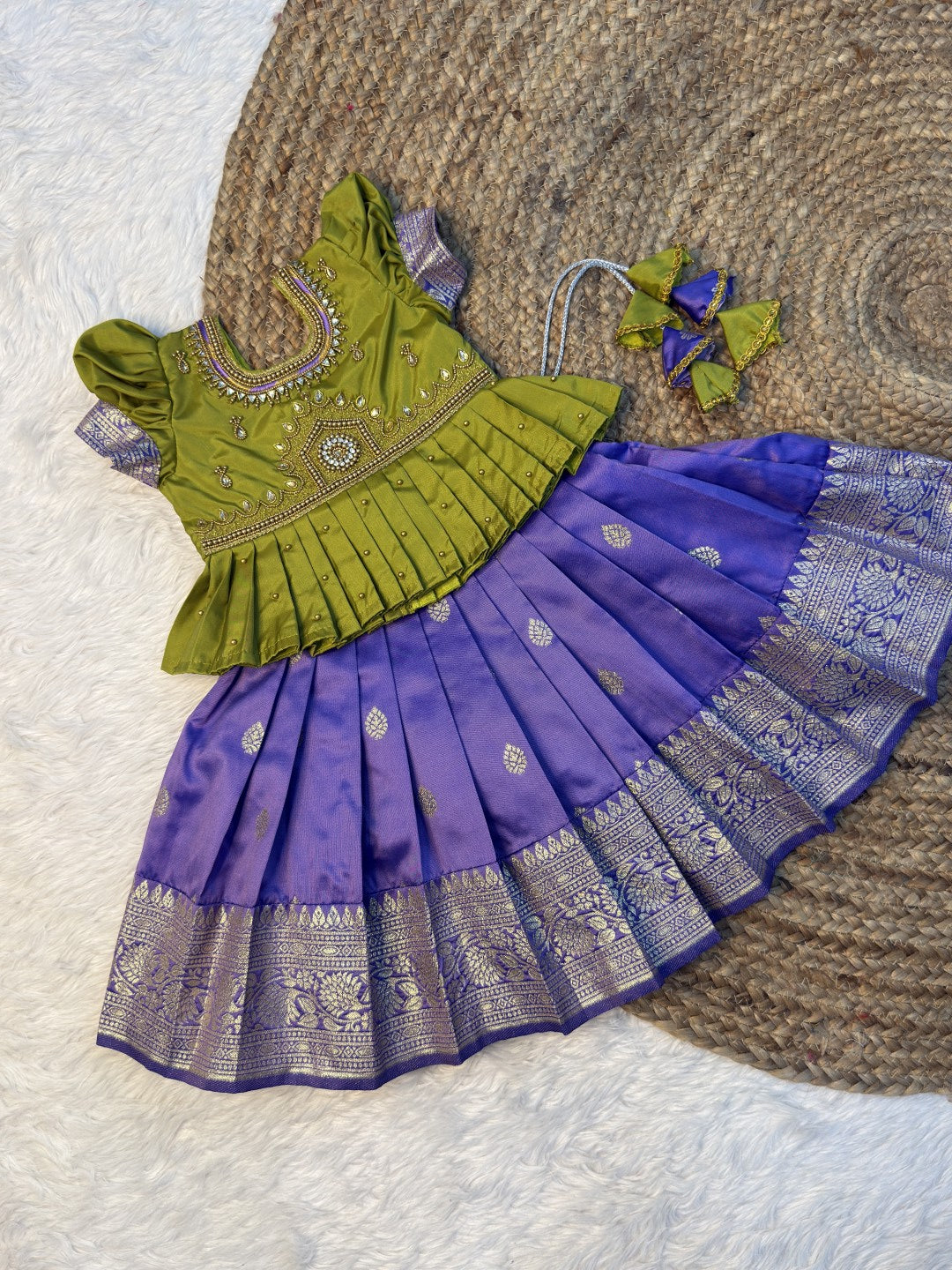 Green & Lavender Banarasi Silk Temple Design Aari Work Pattu Pavadai | CPM0610