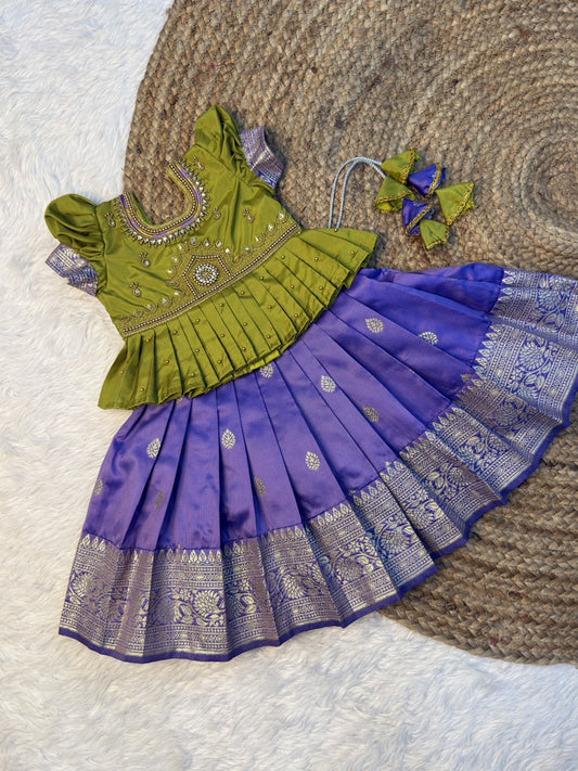 Green & Lavender Banarasi Silk Temple Design Aari Work Pattu Pavadai | CPM0610
