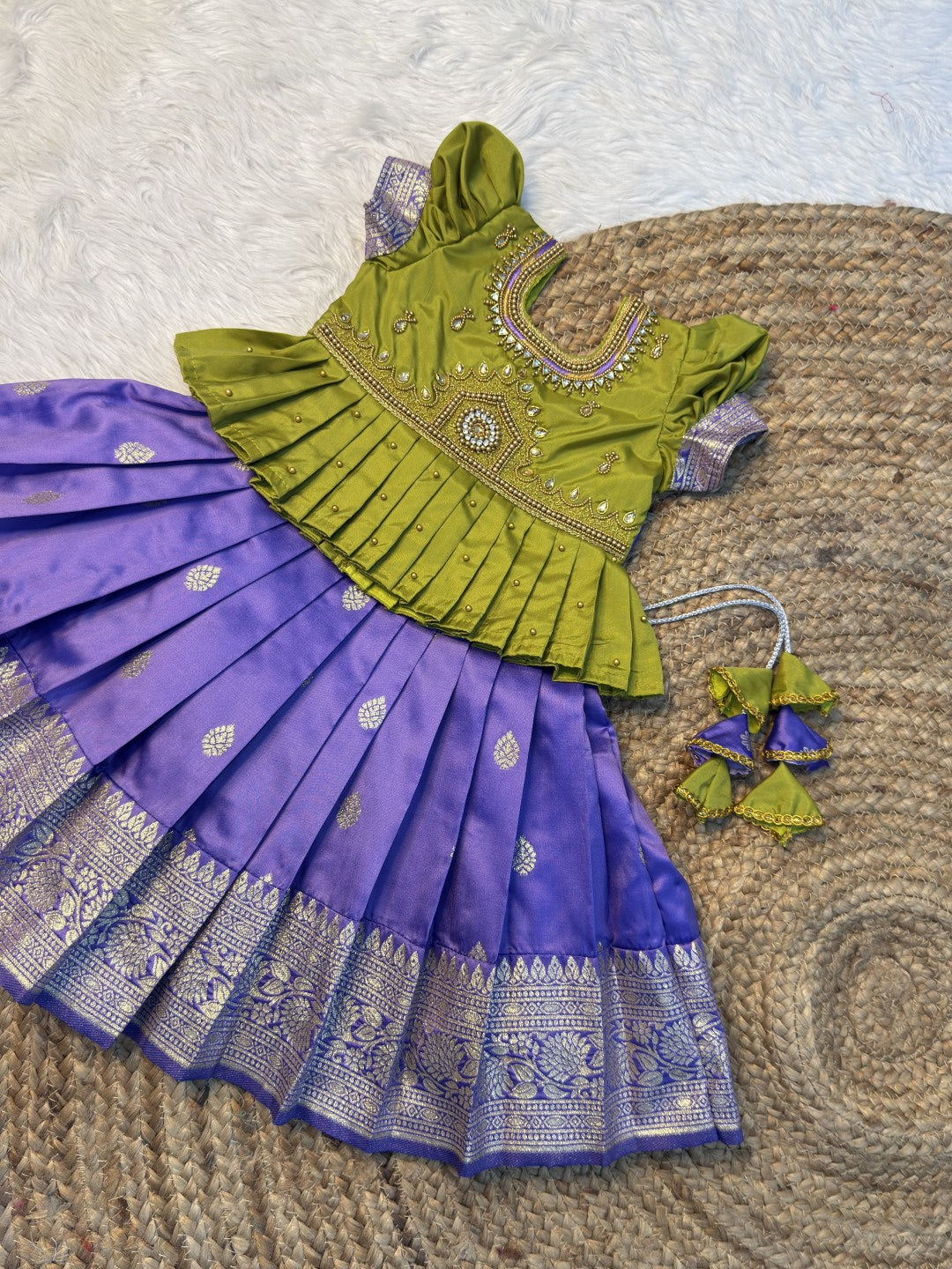 Green & Lavender Banarasi Silk Temple Design Aari Work Pattu Pavadai | CPM0610