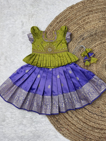 Green & Lavender Banarasi Silk Temple Design Aari Work Pattu Pavadai | CPM0610
