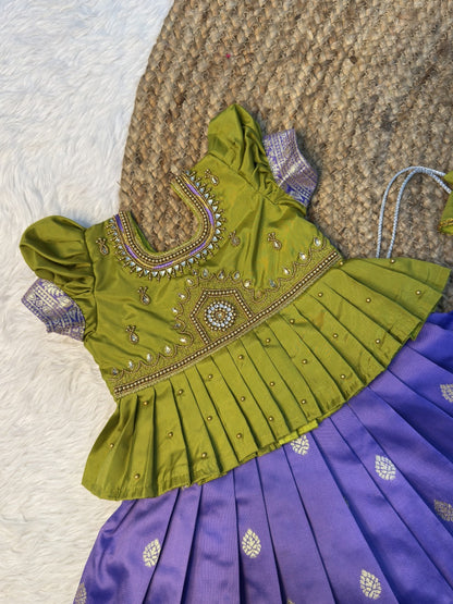 Green & Lavender Banarasi Silk Temple Design Aari Work Pattu Pavadai | CPM0610