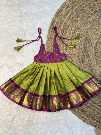 Sendumalli | Green & Dark Magenta Banarasi Semi Katan Silk Full Length Tie-Up Frock | CPM0612