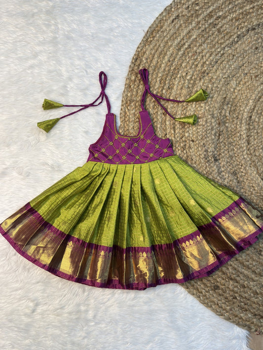 Sendumalli | Green & Dark Magenta Banarasi Semi Katan Silk Full Length Tie-Up Frock | CPM0612