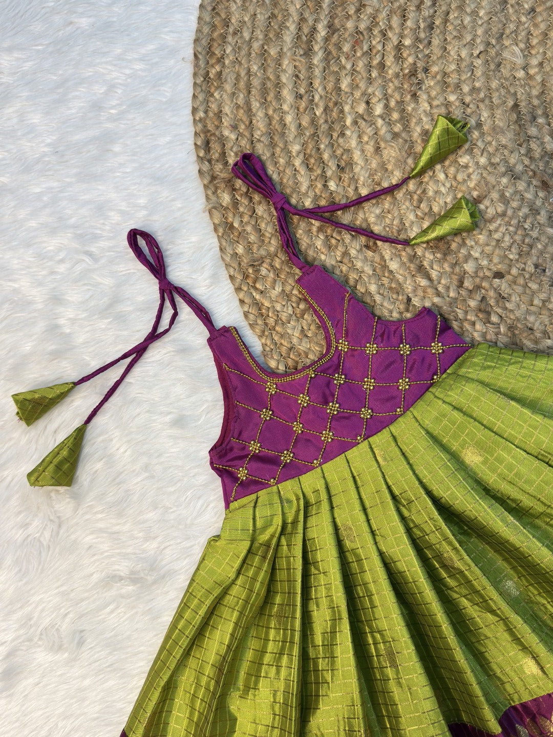 Sendumalli | Green & Dark Magenta Banarasi Semi Katan Silk Full Length Tie-Up Frock | CPM0612