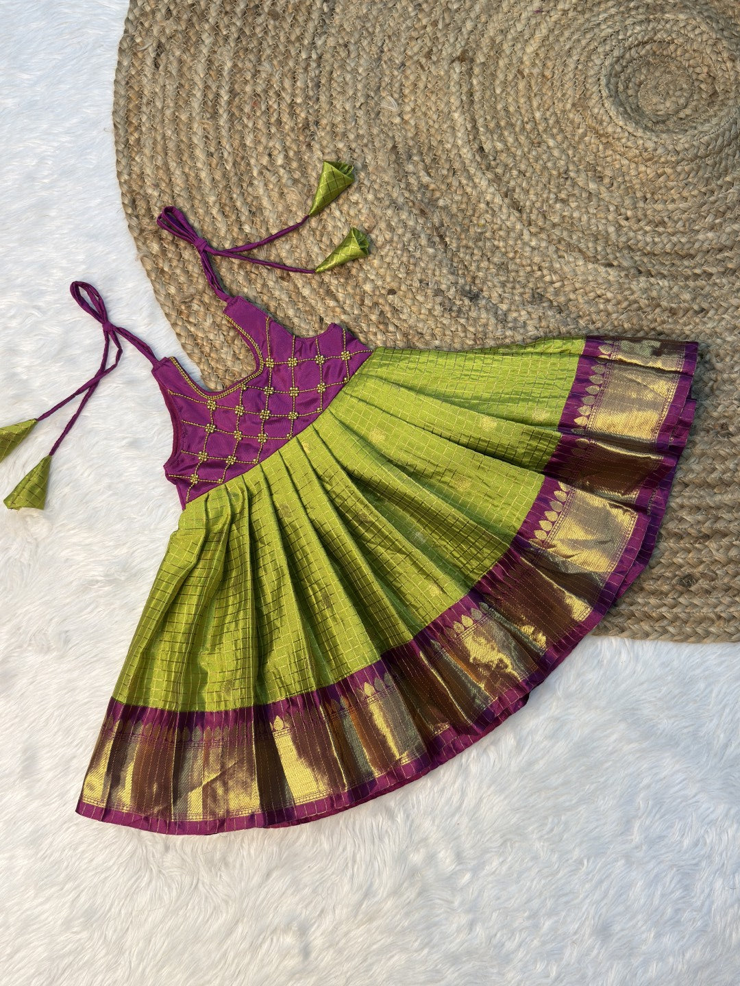 Sendumalli | Green & Dark Magenta Banarasi Semi Katan Silk Full Length Tie-Up Frock | CPM0612
